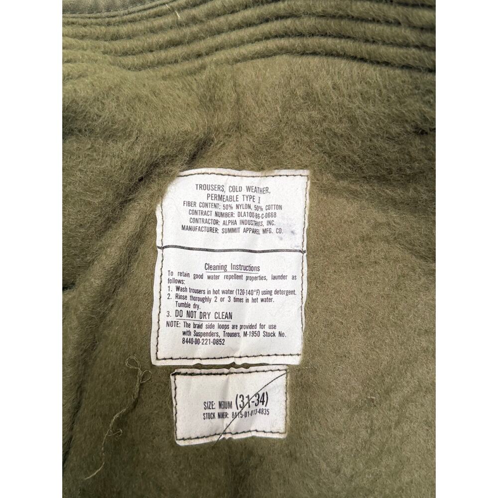 Military Style Trousers Cold Weather Permeable Type 1 Mens Medium Vintage Green - Picture 3 of 16